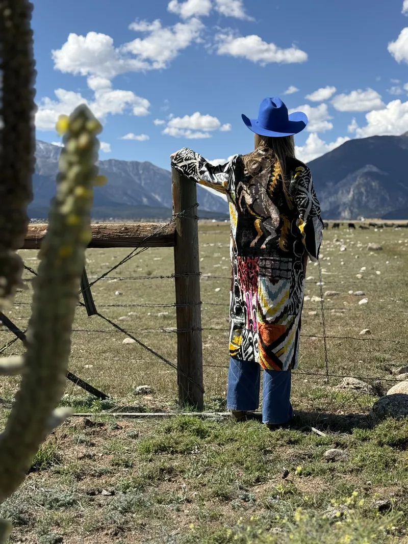 A woman leans on a wire fence beside a cactus, mountains in the distance.