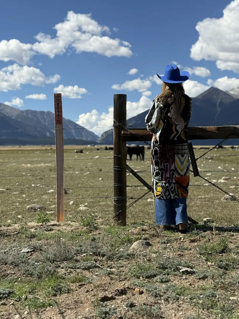Seen from behind, a woman in a cobalt hat and a patterned caftan stands at a wire fence looking toward cattle and mountains.