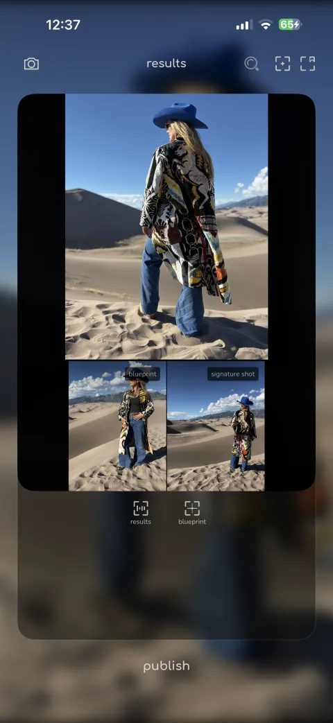 Studio's results screen showing the Mustang campaign's original iPhone captures: the signature shot and its alternate blueprint frame, with varying subject scale and composition.