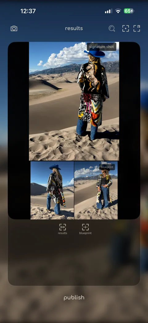 The same sequence after Studio's one-tap Tune action, the signature shot and blueprint frame brought into a consistent subject scale and composition.