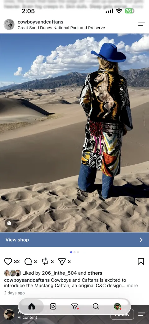The first published Instagram frame: the Mustang caftan, seen from behind, against the Great Sand Dunes and the Sangre de Cristo Mountains.