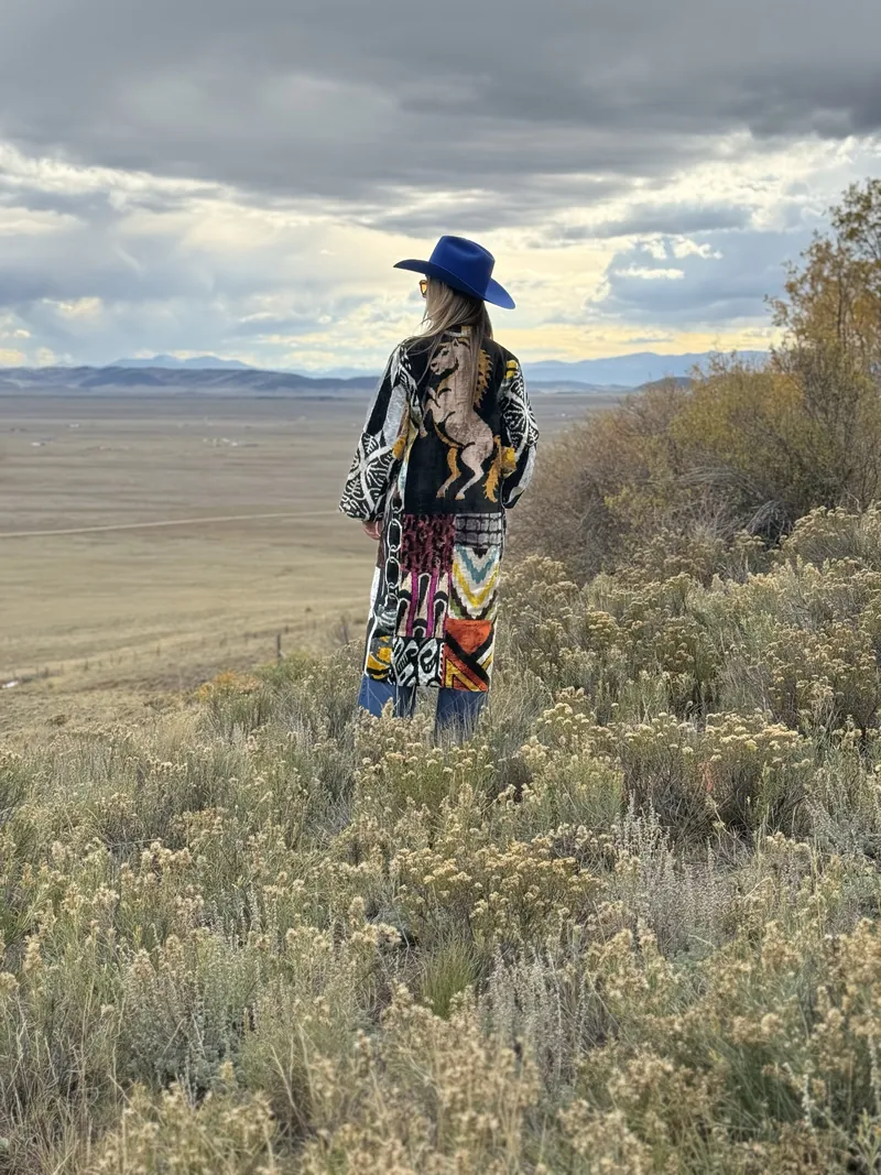 Seen from behind, a woman in a cobalt hat and a horse-motif patterned caftan looks out over a sagebrush plain under stormy light.