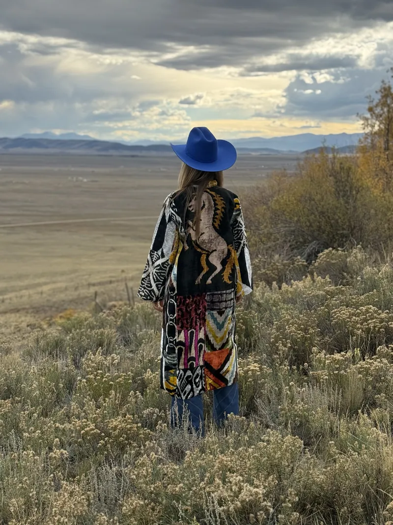 A woman in a cobalt hat and a patchwork coat stands in tall grass on an open prairie beneath a broken, stormy sky.
