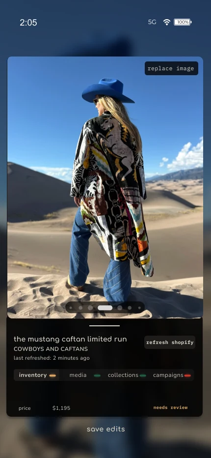 Pointer compose screen, connecting a photograph to the Mustang Caftan's Shopify listing, with inventory, media, collections, and campaigns tabs.