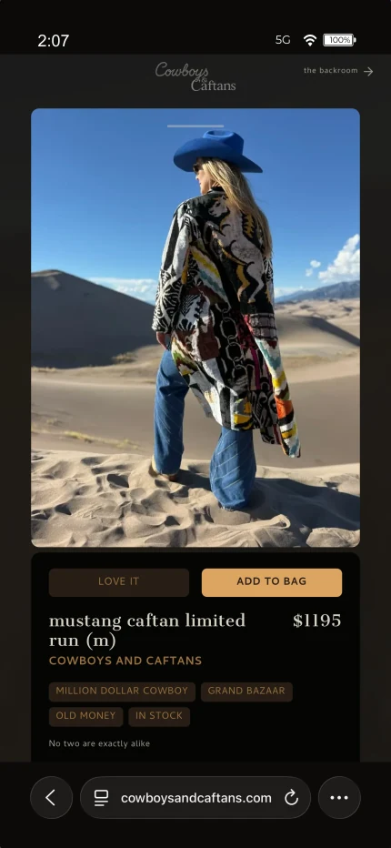 Pointer publish screen showing the Mustang Caftan's live product page on cowboysandcaftans.com.