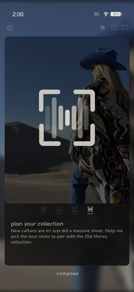 Product screen: a merchant records a voice memo describing the collection to build around a reference photograph.