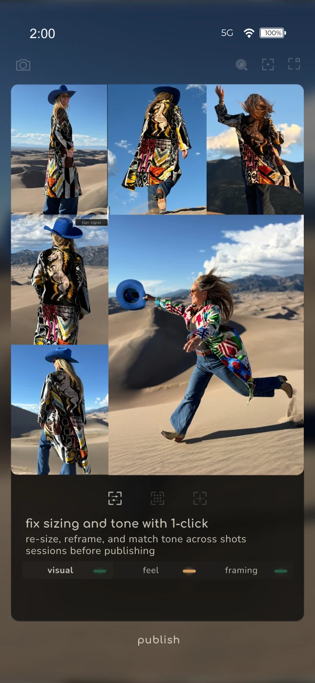 Product screen: a set of shots resized and matched for visual tone, feel, and framing before publishing.