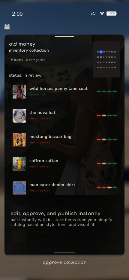 Product screen: the "old money" inventory collection in review, item by item, beside a callout about pairing items with an in-stock Shopify catalog.