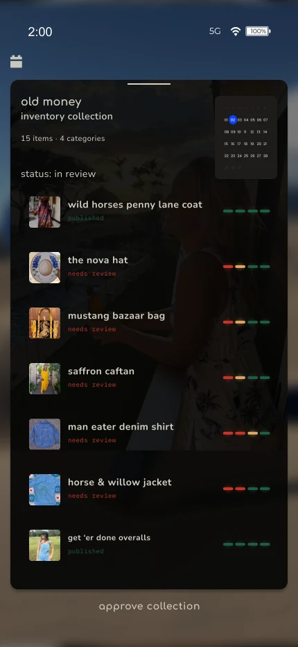 Product screen: an inventory collection reviewed item by item, each piece marked published or needing review, before it is approved.